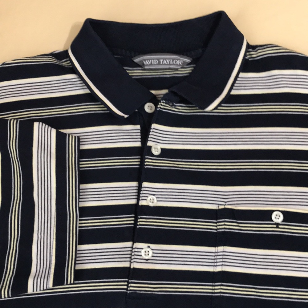 David Taylor Polo Shirt L striped. Front pocket.